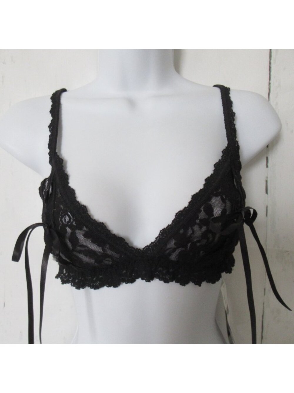 New‎ Hanky Panky Bra M Medium Black Lace Tie Front Open Cup Bralette